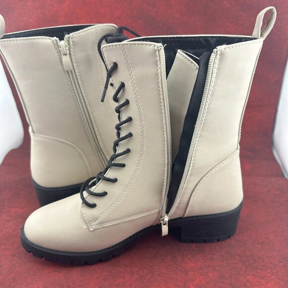 SHELN COMBAT BOOTS LUG SOLE IVORY, MID-CALF, LACE-UP, ZIPPER, BLOCK HEEL, SIZE 9 - Picture 6 of 10